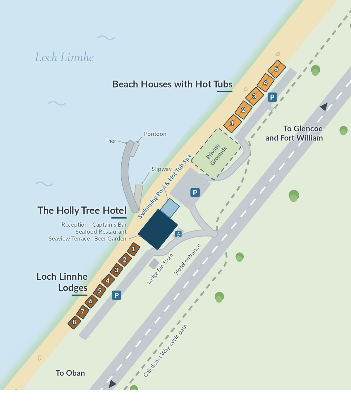 Map of Kentallen Pier showing the lodges, beach houses and the Holly Tree Hotel
